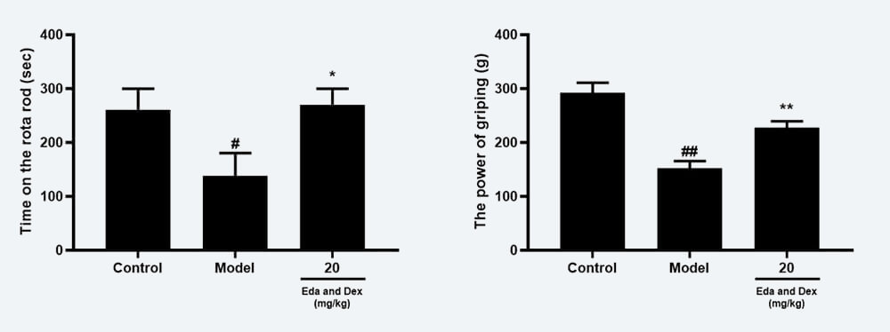 神经功能药效学考察：C 转棒滞留时间；D 抓握力（mean±SEM）.jpg